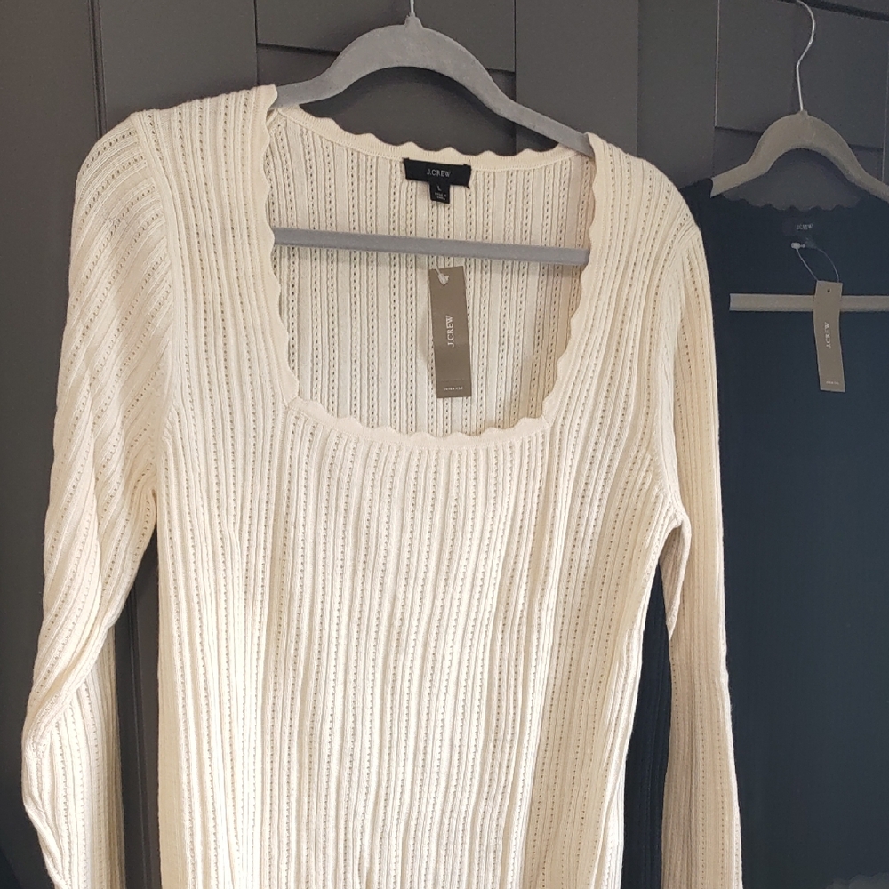 J. Crew Ivory Scalloped Knit Top